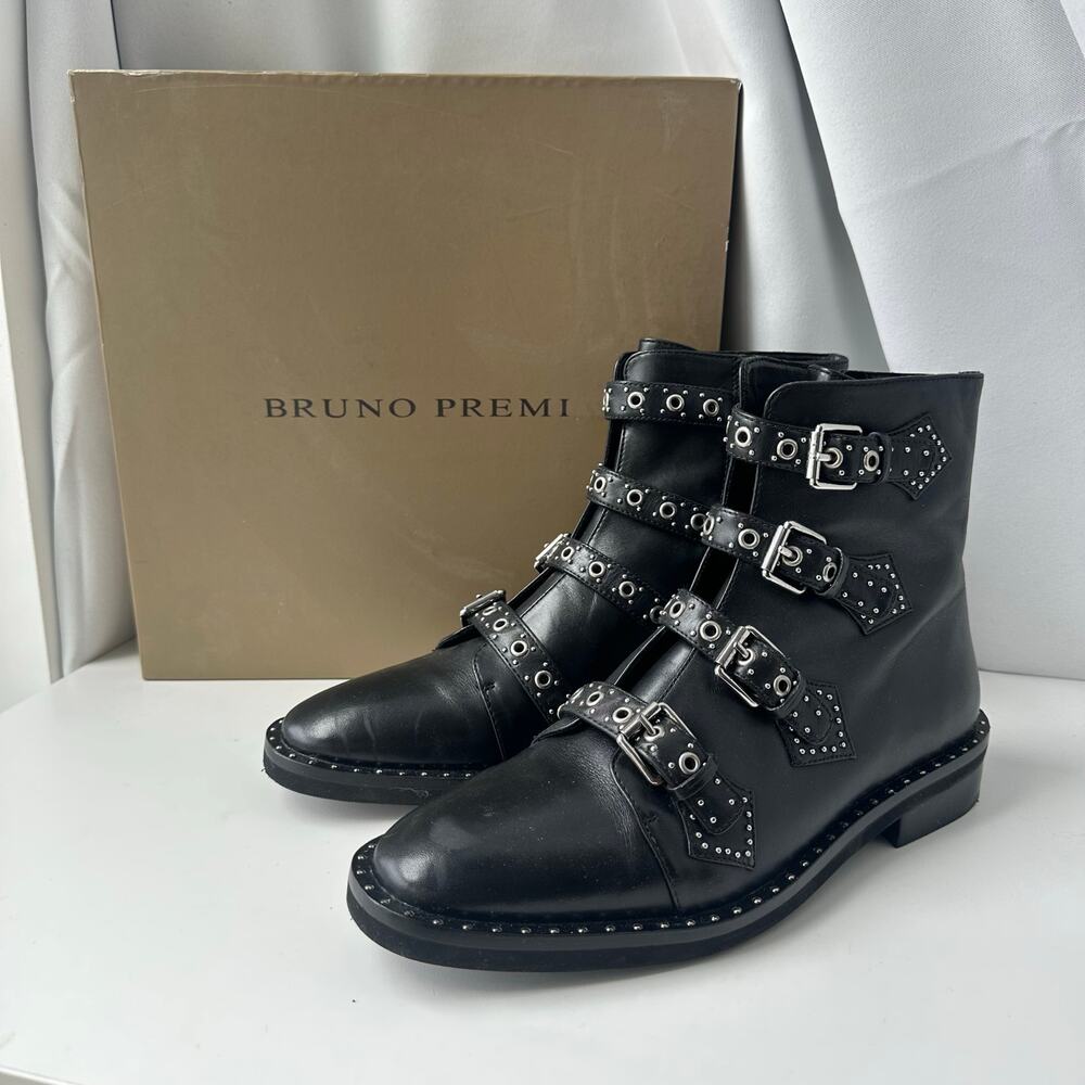 Bruno Premi (41/US 10) Studded Multi-Buckle Leather Moto Ankle Boots- Combat